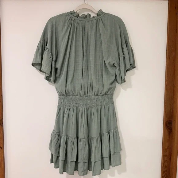 Entro Tiered Ruffle Mini Dress Women Large Sage Green Smocked Waist Cottagecore - Picture 5 of 9